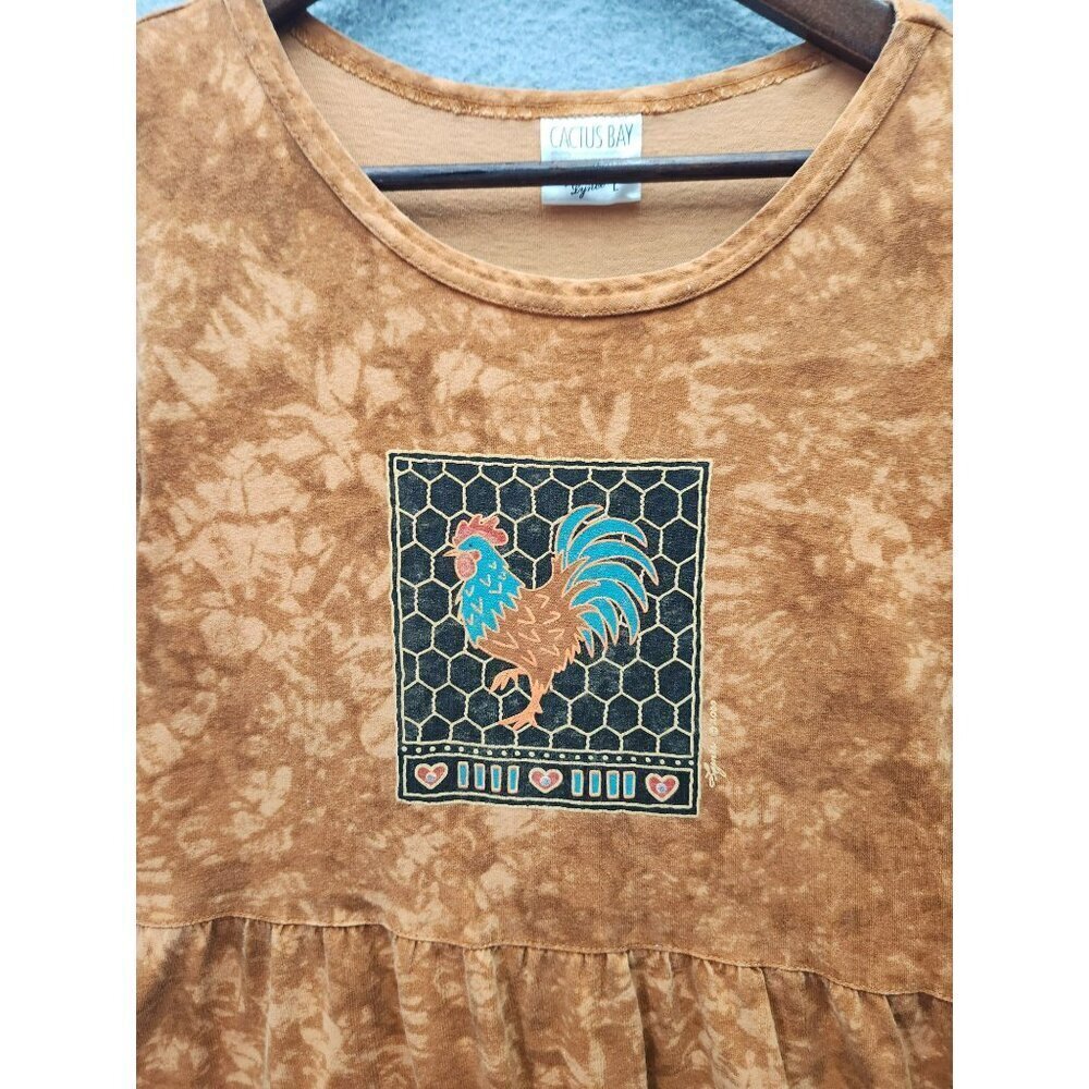 Cactus Bay Womens L Orange Tie-Dye Cotton Dress With Rooster Embroidery & Short - Picture 3 of 6